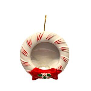Ceramic Holiday Wreath Ornament With Red Bow & Gold Hanging Loop